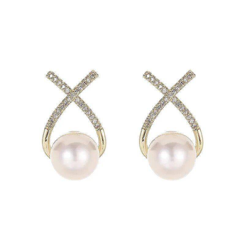 Gold-Tone Pearl and Zircon Earrings Women's Fashion Color : Gold 